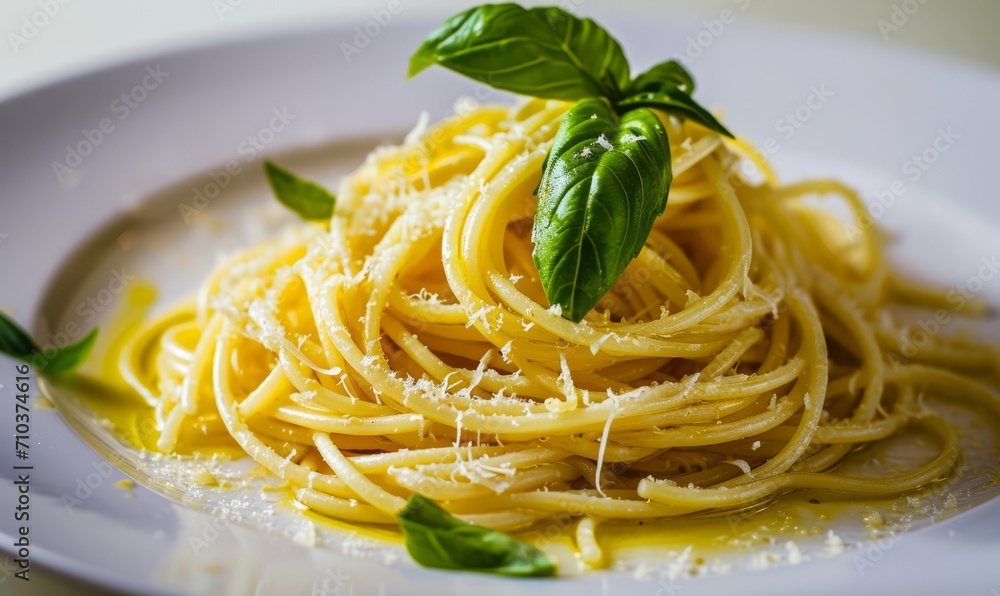 Elegant spaghetti with basil and grated cheese, ready to eat. Elegant spaghetti with basil and grated cheese, ready to eat.