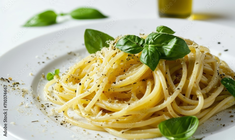 Elegant spaghetti with basil and grated cheese, ready to eat. Elegant spaghetti with basil and grated cheese, ready to eat.