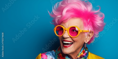 portrait of an elderly woman with bright colorful hair