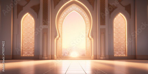 3d rendering of a mosque door in the middle of the night photo