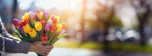 A man holds a bouquet of flowers in his hands on a blurred background #710374660