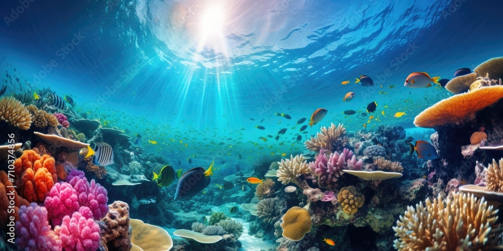 Underwater Scene - Tropical Seabed With Reef And Sunshine - obrazy, fototapety, plakaty 