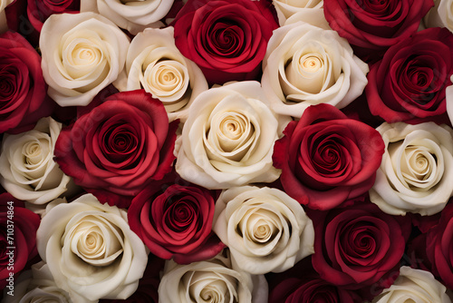 Top view of red and white roses. Valentine s day background
