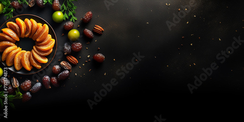 Dates and olives on a black background. Copy space.