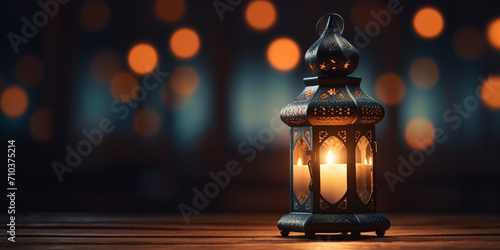Hand holding a lantern on blurred background. Ramadan Kareem concept.