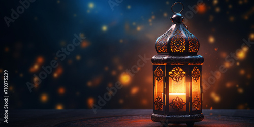 Hand holding a lantern on blurred background. Ramadan Kareem concept.