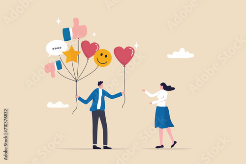 Customer feedback, review or service satisfaction, giving rating, opinion or review evaluation, user experience, ranking or quality rating concept, customer holding feedback balloons giving heart.