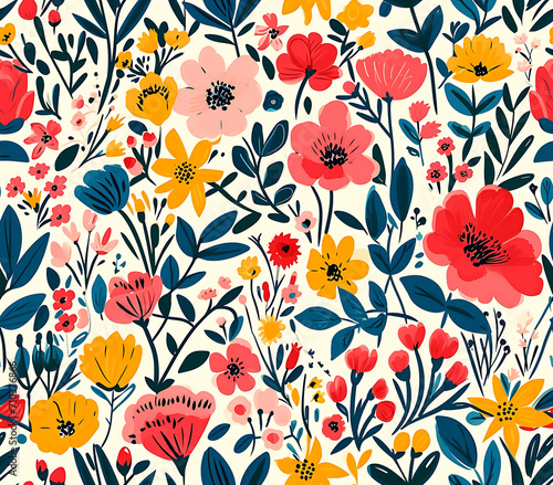 Seamless botanical print with mixed vibrant spring flowers.