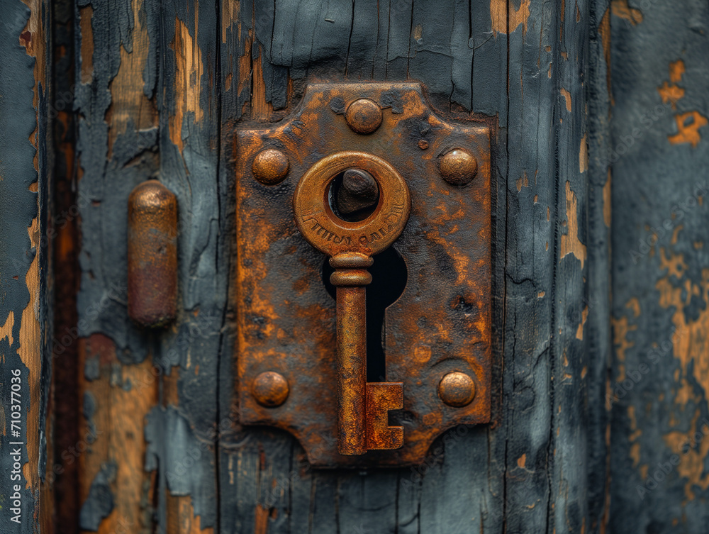 Großer alter rostiger Schlüssel an einer alten verwitterten Tür vor einem Schlüsselloch