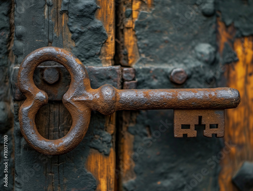 Großer alter rostiger Schlüssel an einer alten verwitterten Tür