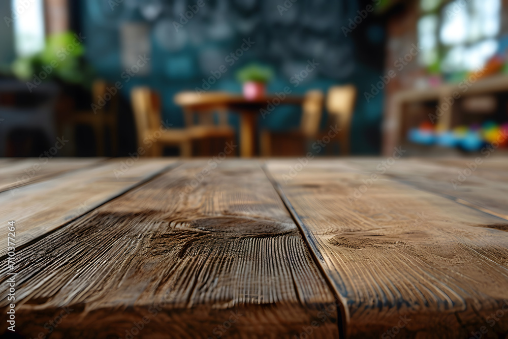 Empty Table with Daycare Room Blur Background, Preschool Scene Empty Table with Daycare Room Blur Background, Preschool Scene