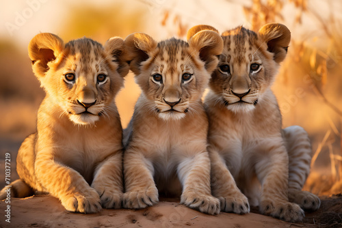 Portrait von drei jungen Löwen in goldenem Sonnenlicht  photo