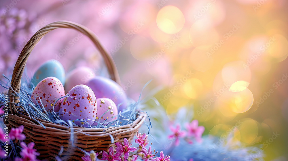 Colorful Easter eggs in a pastel basket on a bokeh background of spring flowers under sunlight Colorful Easter eggs in a pastel basket on a bokeh background of spring flowers under sunlight