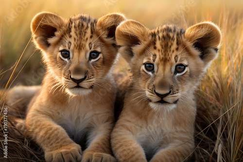 Zwei Löwenbabys im hohen Gras © Herzog