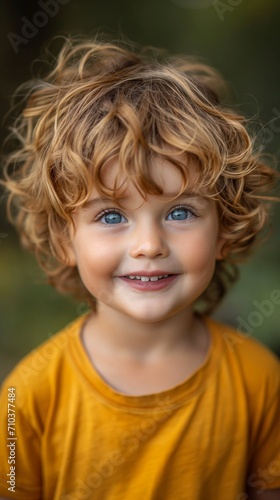 Happy Toddler with Curly Hair and Blue Eyes