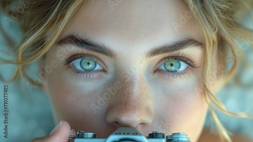 Young Woman with Intense Gaze Holding Camera © SavinArt