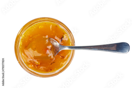 Seabuckthorn jam in glass jare with spoon isolated on a white background photo