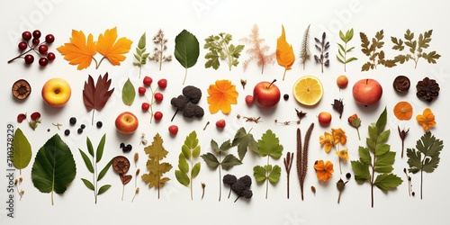 Set of seasonal flowers and leaves shot from above