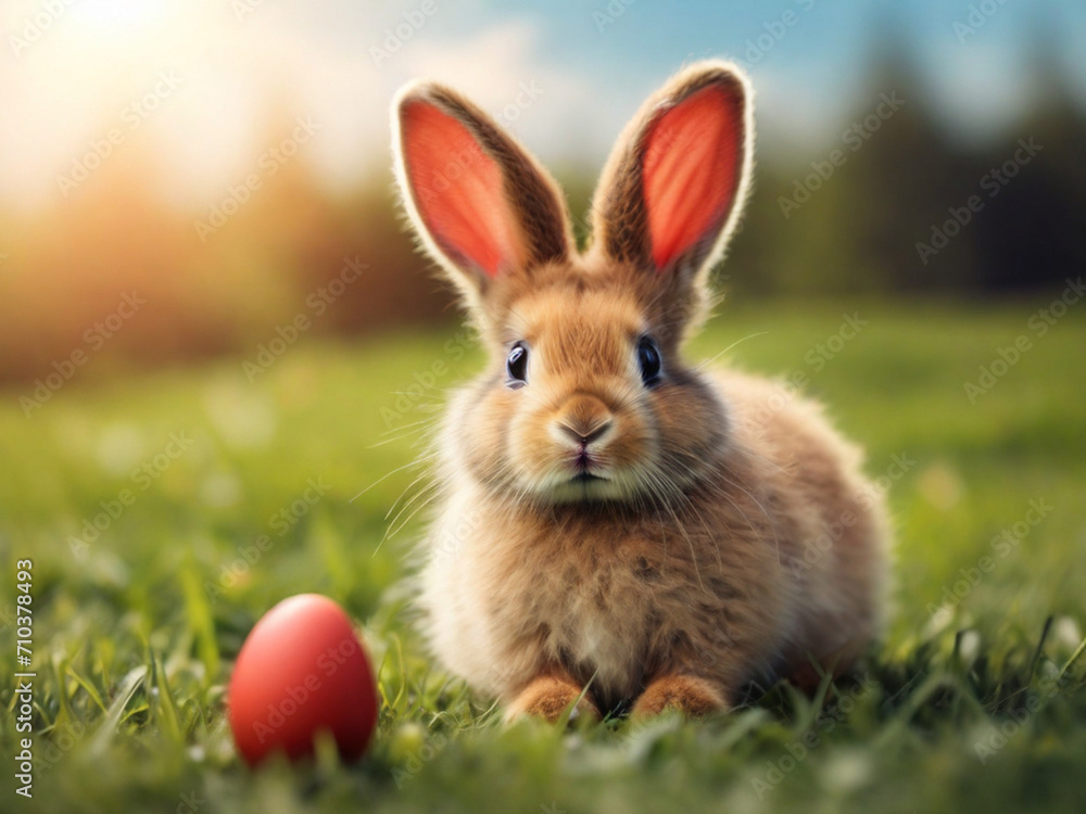 Fototapeta premium Cute fuffy Easter bunny with red Easter egg on the meadow