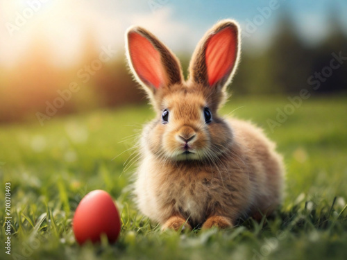 Cute fuffy Easter bunny with red Easter egg on the meadow  © triocean