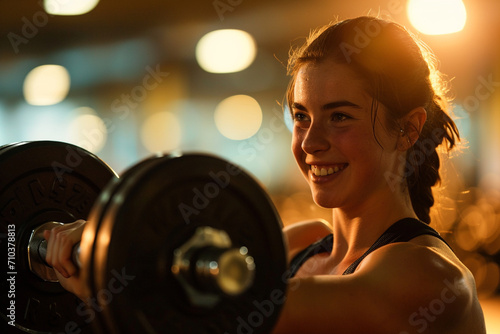 fitness girl lifting dumbbells in the gym bokeh style background