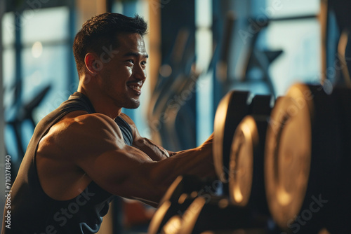 fitness man lifting dumbbells in the gym bokeh style background