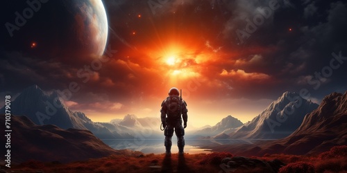 man on another planet in space suit looking at sunset