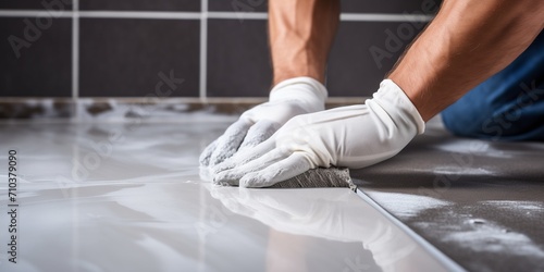 The tiler wipes the tiles after laying photo