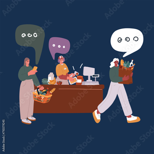 Cartoon vector illustration of Shopping, grocery store and customer black woman with product price check in freezer and happy with discount, sale or promotion discount. Groceries, supermarket woman
