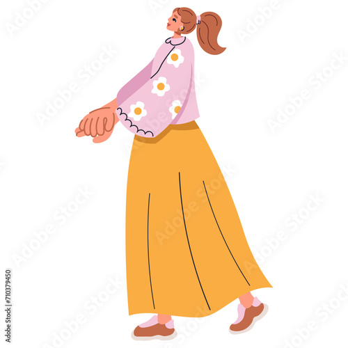 A young girl in a skirt looking up lovingly. Colored flat vector illustration isolated on transparent background