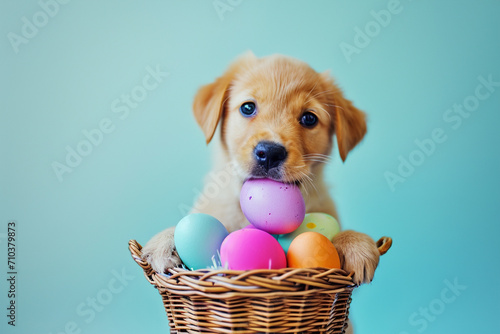 a cute puppy with colorful pastel easter eggs basket