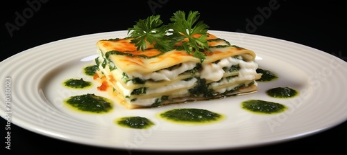 Delectable zucchini lasagna displayed on chic white ceramic plate against sleek grey background