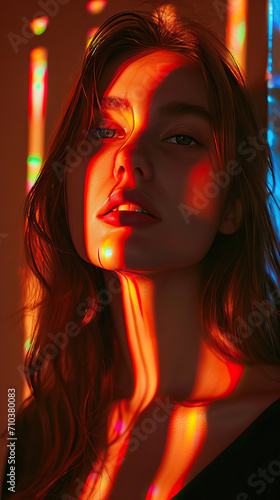 A stunning visual narrative: A woman representing Russia, enveloped in vivid red lighting and dramatic shadows, creating a powerful cinematic atmosphere