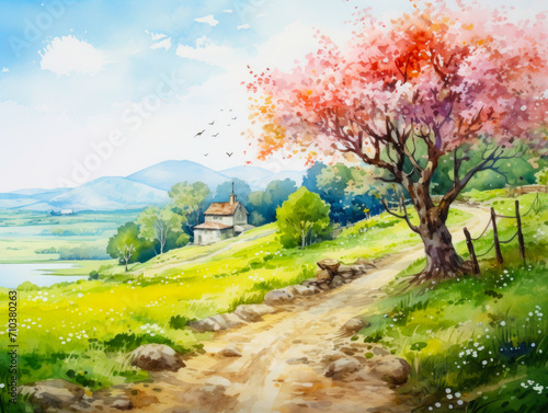 Watercolor painting of beautiful landscape view with lake.