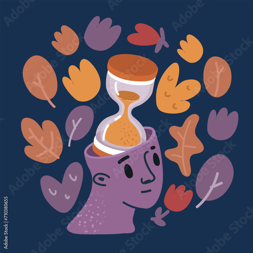 Cartoon vector illustration of Human head with hourglass.