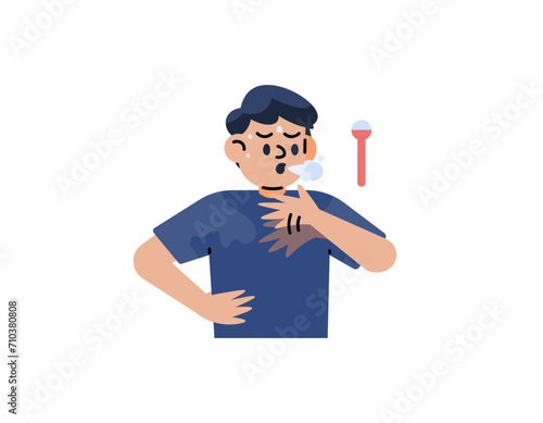 Illustration of a man who feels sultry. The facial expression of an overheated person. clothes get wet from sweating. High temperature causes the body sweating. flat illustration design. graphic 