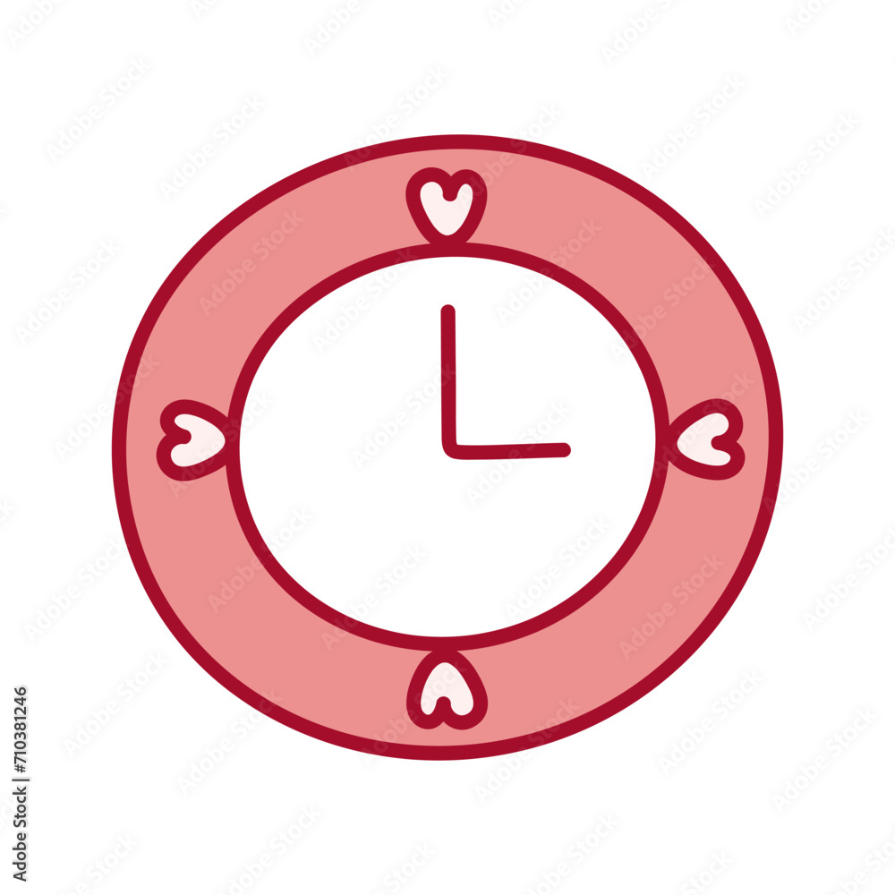 Round pink Clock with Hearts. Cute clock with hearts instead of numbers. Cute watch. Dial with hearts. Design element for Valentine's Day. Vector Illustration in Flat style Round pink Clock with Hearts. Cute clock with hearts instead of numbers. Cute watch. Dial with hearts. Design element for Valentine's Day. Vector Illustration in Flat style