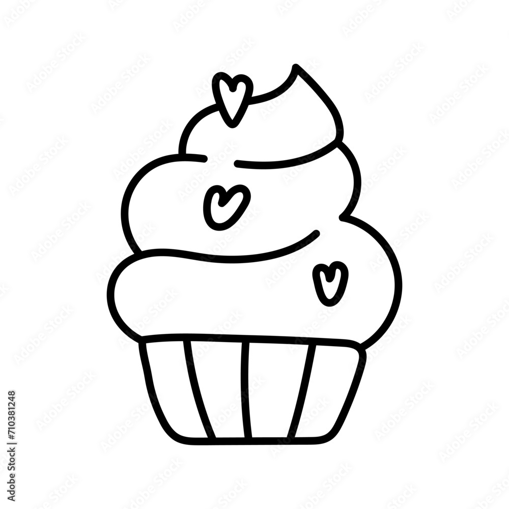 Cupcake with hearts icon in line style. Cupcake with cream and hearts decor. Valentine cupcake icon with sprinkls heart. Love concept. Vector illustration