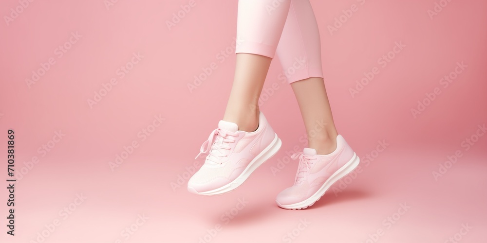 Female legs in sneakers on a pink background