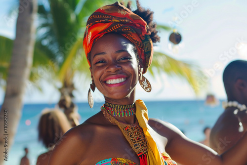 african woman in the traditional dress dancing on the beach bokeh style background photo