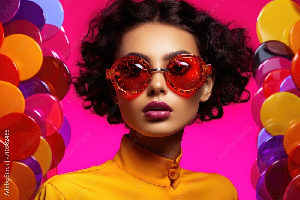 
Stylish woman wearing a bright yellow high collar top, round red sunglasses with colorful balloons in the background