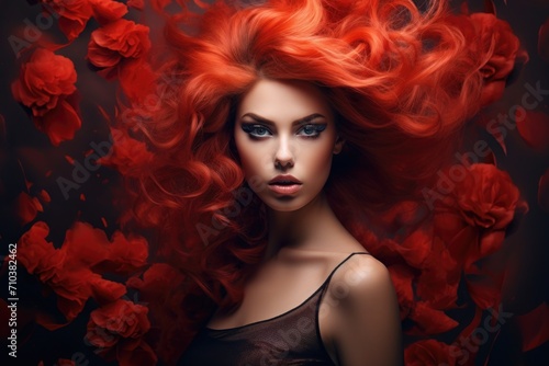 Portrait of a woman with flashy makeup and red hair surrounded by flowers photo