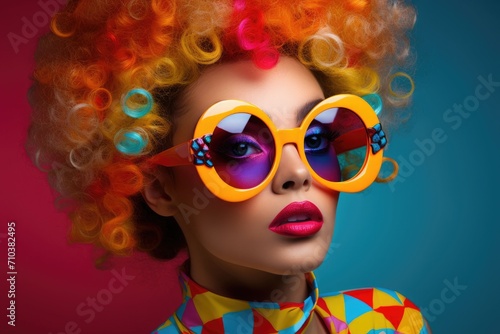 Outre female model with curly short multi-colored hair in a bright outfit and yellow glasses