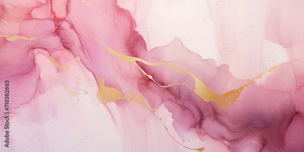白背景にアルコールインクアート風のピンクの流動体に金色の装飾がある抽象横長バナー