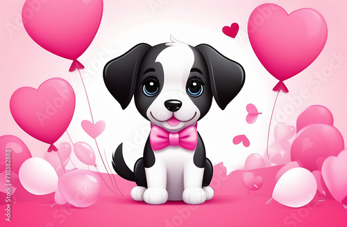 Banner for Valentine s Day  Birthday  puppy on a pink background with heart-shaped balloons  illustration in cartoon style