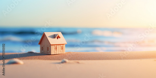 A charming wooden model cottage by the sunlit seaside, capturing the essence of coastal paradise. photo