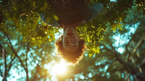 Upside-Down Portrait of a Person Hanging from a Tree Branch, giving a playful, topsy-turvy perspective in a sunlit park photo