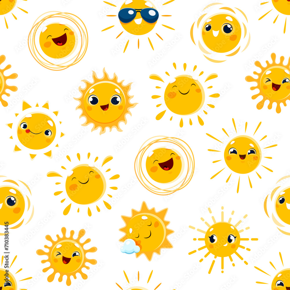 Cartoon funny sun characters seamless pattern. Textile summer vector print with sun cheerful personages. Wrapping paper or childish wallpaper pattern or fabric background with sunny weather characters Cartoon funny sun characters seamless pattern. Textile summer vector print with sun cheerful personages. Wrapping paper or childish wallpaper pattern or fabric background with sunny weather characters