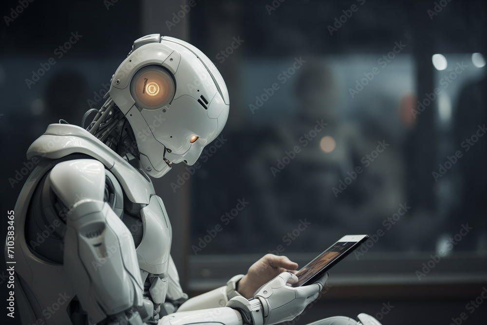 Fototapeta premium robot using phone with laptop bokeh style background