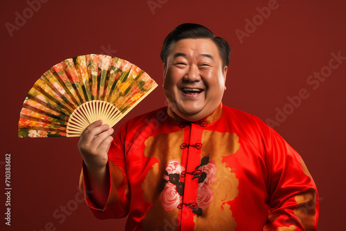 chinese middle age man wearing red traditional clothes